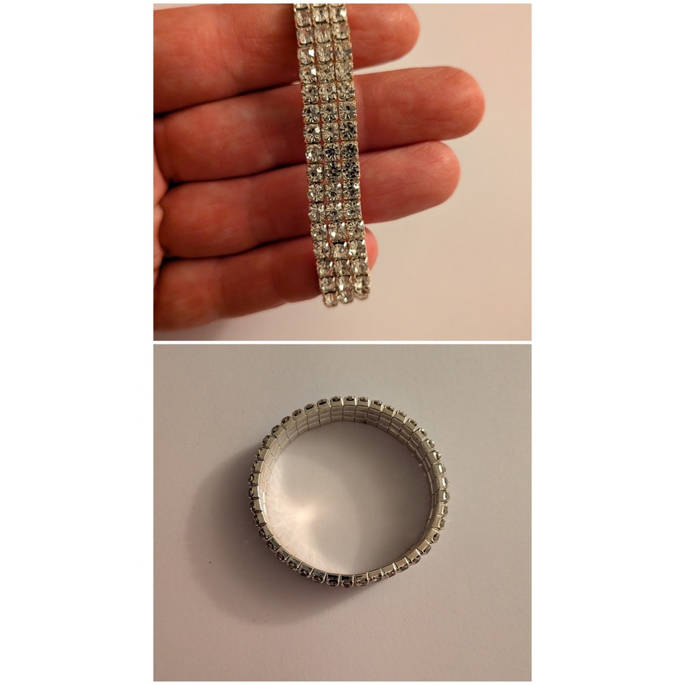 Womens‎ Three Row Rhinestone Stretch Bracelet Silver Tone Crystal Tennis Bangle